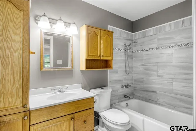 a bathroom with a bathtub shower sink vanity and toilet