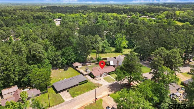 an aerial view of residential houses with outdoor space and trees