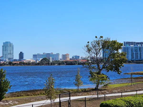a view of a lake with a city