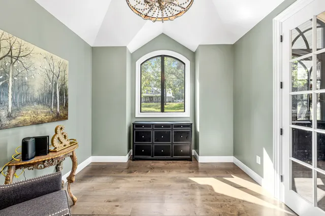 a view of a hallway with a flower pot and a bookshelf