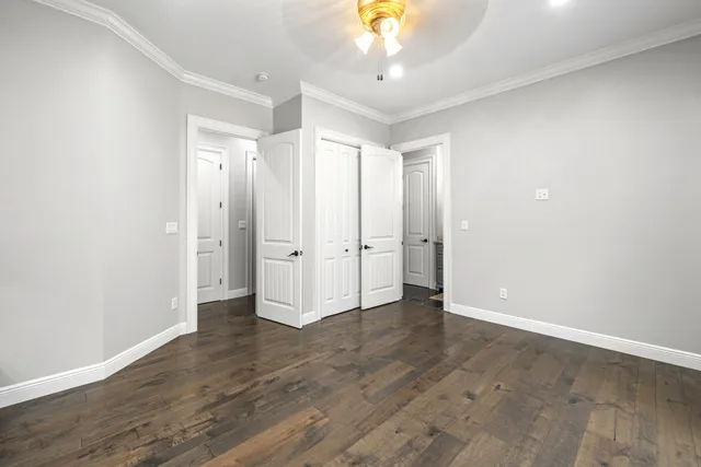 a view of a lake with lawn chairs and a large tree