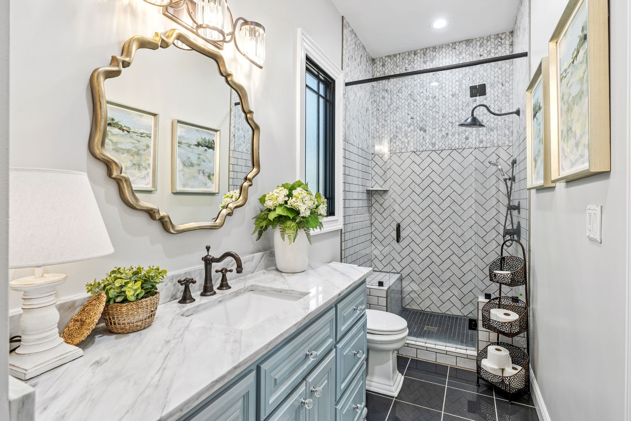 74 Pine Lake Road Summertown, TN 38483 - Photo 50 of 90 a bathroom with a granite countertop sink a toilet and a shower