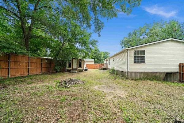 a backyard of a house with plants and large tree