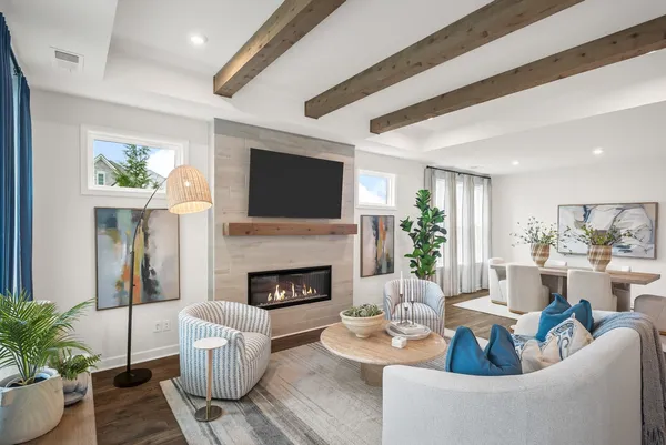 a living room with furniture a potted plant and a fireplace