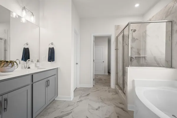 a bathroom with a double vanity sink mirror and shower