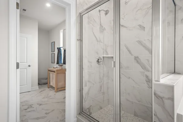 a bathroom with a shower and a toilet
