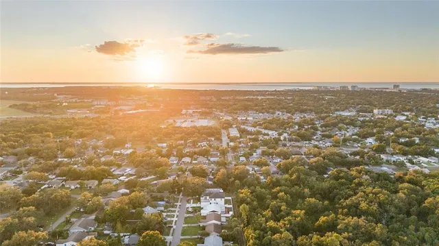 an aerial view of residential building and trees around