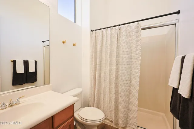 a bathroom with a sink a toilet a mirror and shower curtain