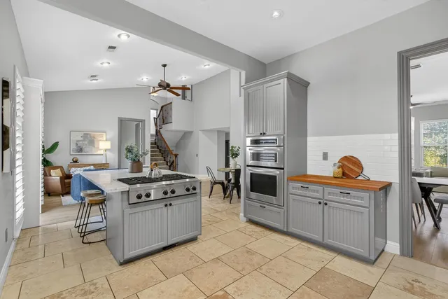a view of a dining room with furniture