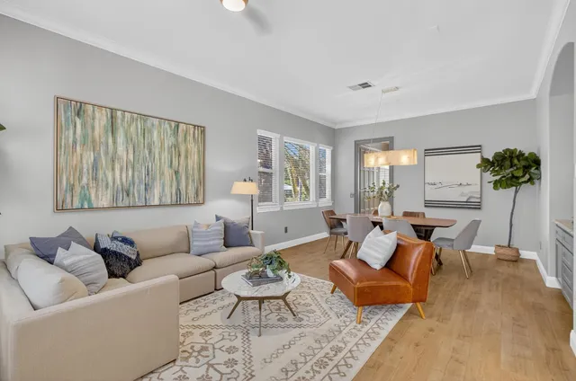 a living room with furniture a window and a potted plant