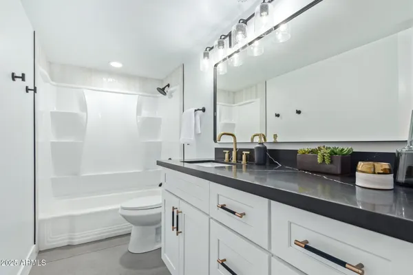 a bathroom with a double vanity sink toilet and shower