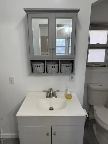a bathroom with a sink a toilet and mirror