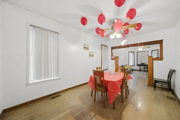 a view of a dining room with furniture