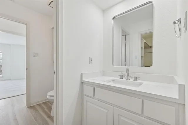 a bathroom with a sink and vanity