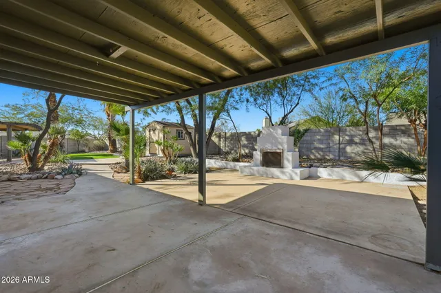 front view of a house with a patio