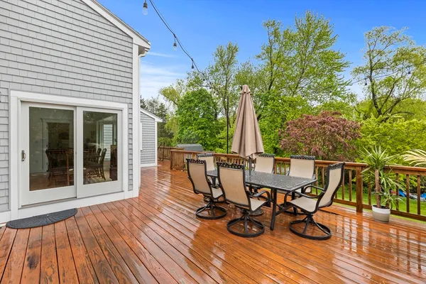 a view of a chairs and table on the wooden deck