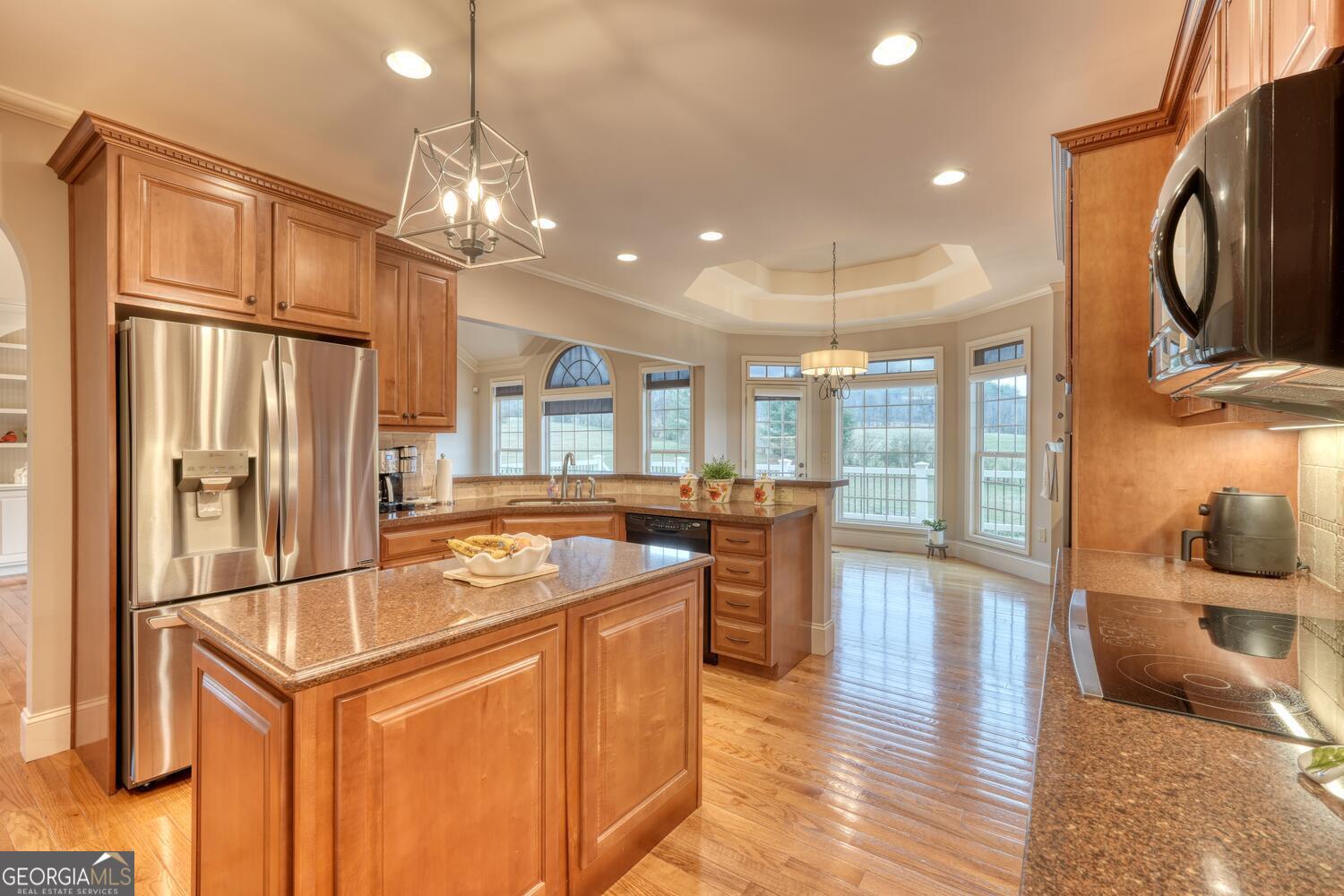 178 Barnwood Road Blairsville, GA 30512 - Photo 27 of 66 a kitchen with stainless steel appliances granite countertop a refrigerator a stove and a sink with wooden floor