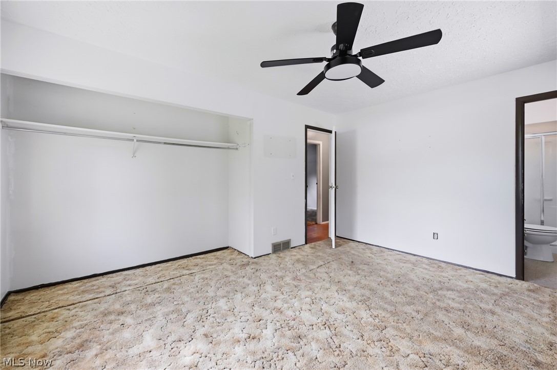 1501 Ohltown McDonald Road Mineral Ridge, OH 44440 - Photo 17 of 32 Spacious room featuring neutral white walls, a black ceiling fan, and an open closet with a hanging rod