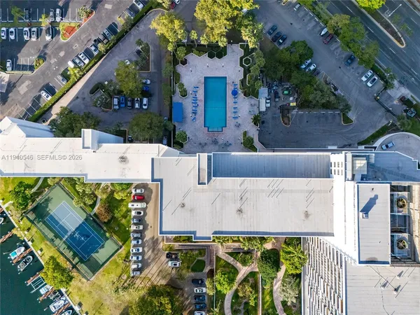 an aerial view of a building with outdoor space