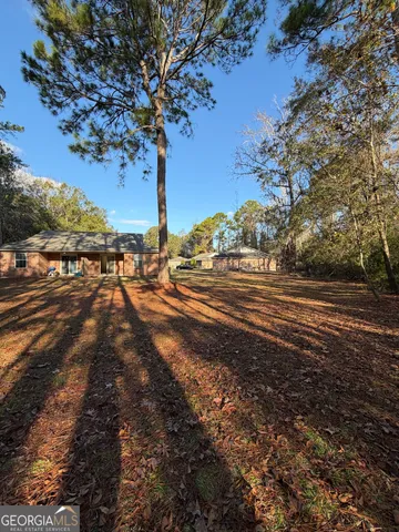 a view of dirt yard with a large tree