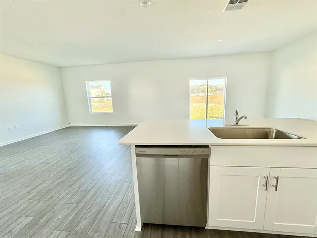 a kitchen with a sink and wooden floor