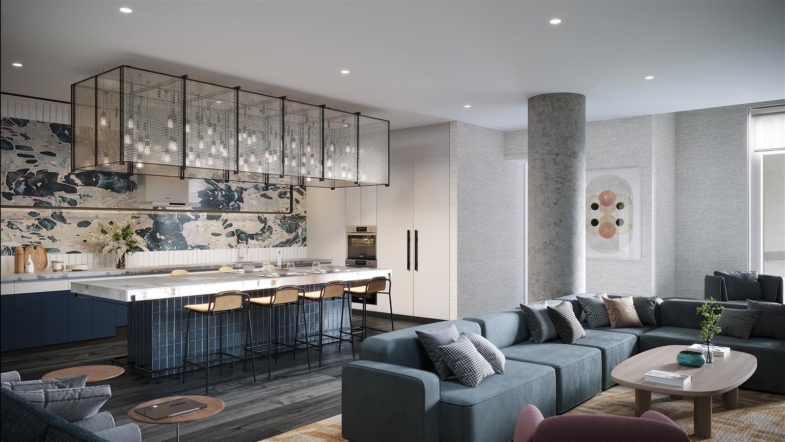 55 Suffolk Street, Unit 512 Manhattan, NY 10002 - Photo 6 of 23 a living room with stainless steel appliances kitchen island granite countertop furniture and a large window