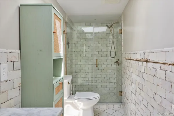 a bathroom with a toilet and a shower