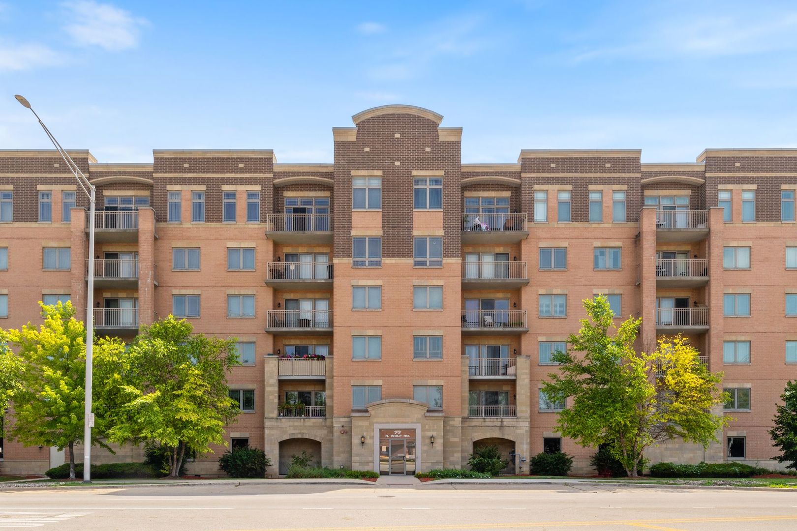 a front view of a multi story building