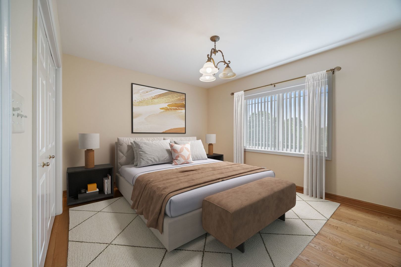 77 North Wolf Road, Unit 309 Northlake, IL 60164 - Photo 20 of 25 a bedroom with a large bed and a chandelier