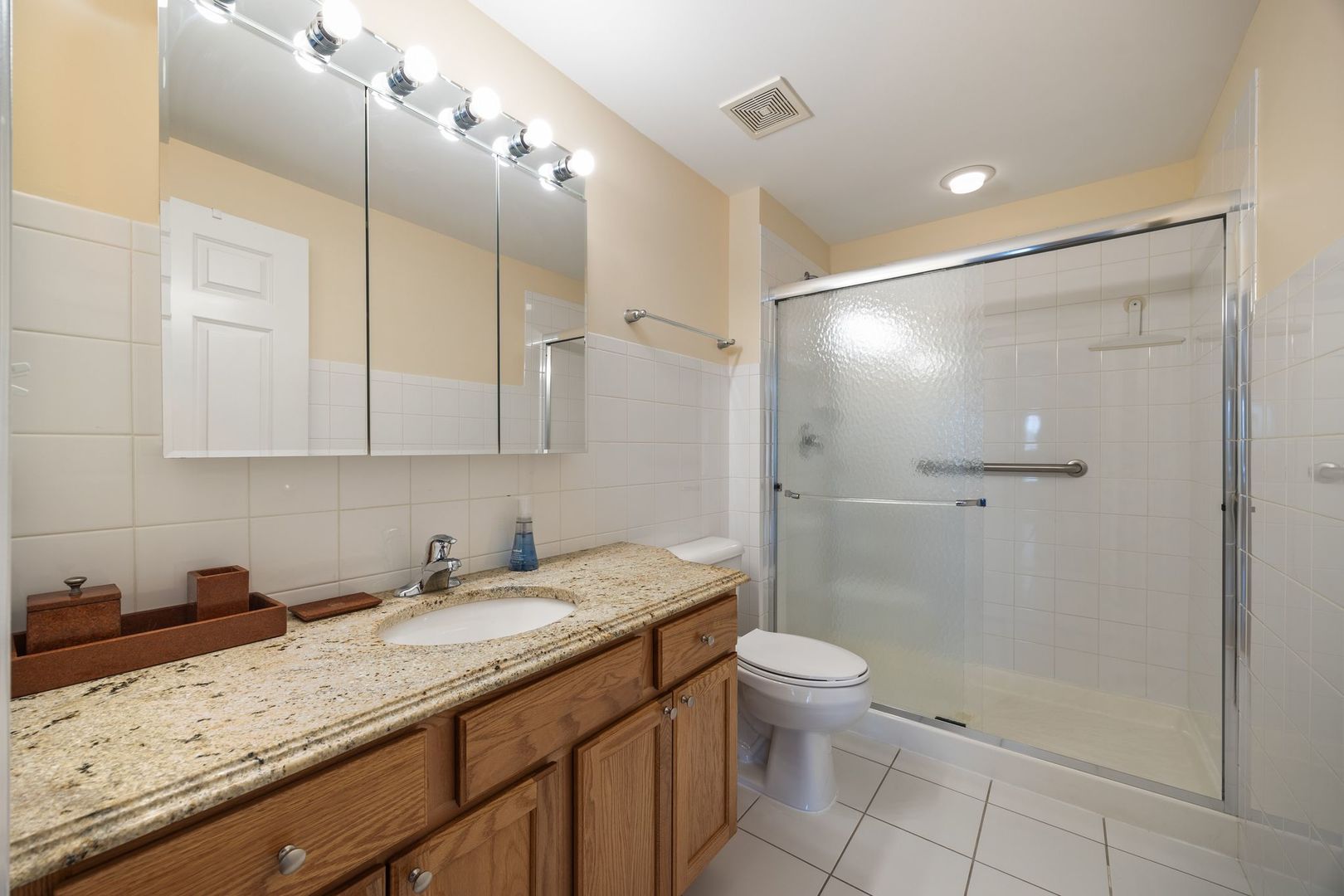 77 North Wolf Road, Unit 309 Northlake, IL 60164 - Photo 22 of 25 a bathroom with a granite countertop sink a toilet and shower