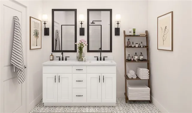 a bathroom with a sink vanity toilet and a mirror