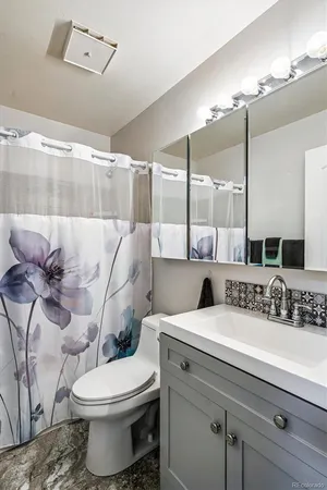a bathroom with a sink a toilet and mirror