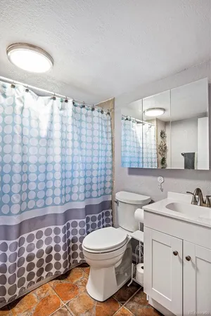 a bathroom with a sink toilet a mirror and shower curtain
