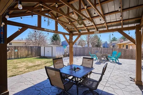 a backyard of a house with a table and chairs