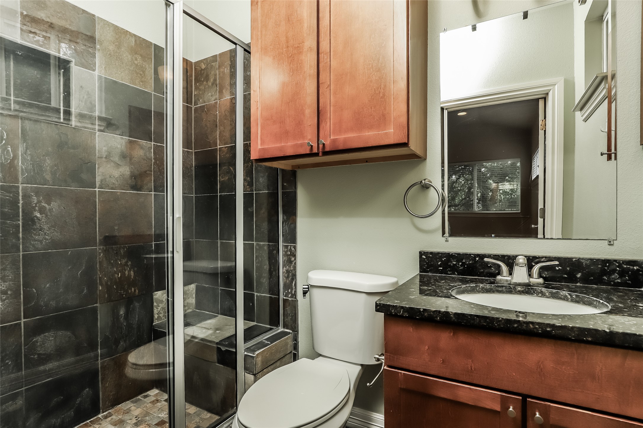 1701 Sanchez Street, Unit A Austin, TX 78702 - Photo 12 of 19 Functional full bathroom featuring a glass-enclosed shower with stone tile, a well-lit vanity, and practical storage.