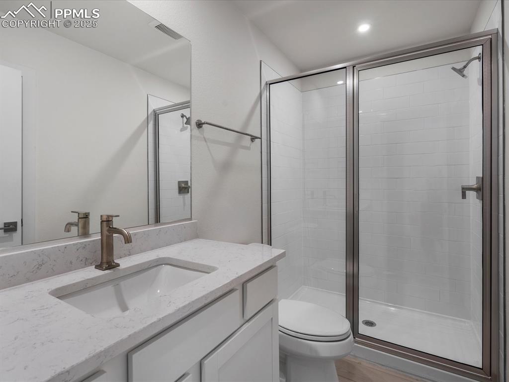 10768 Lewanee Point Colorado Springs, CO 80908 - Photo 30 of 32 Bathroom with a shower stall and vanity
