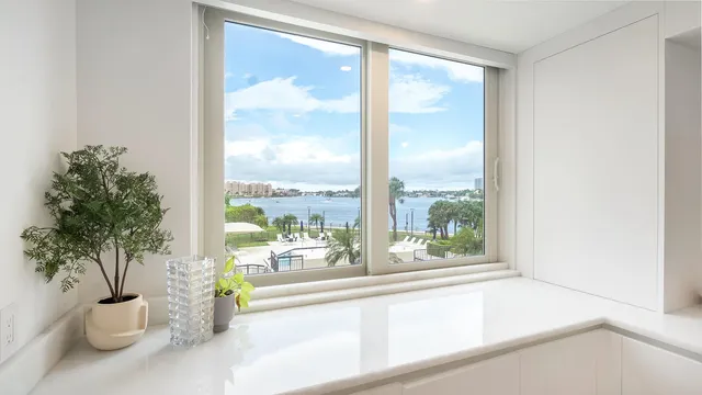 a view of a room that has a large window and a potted plant