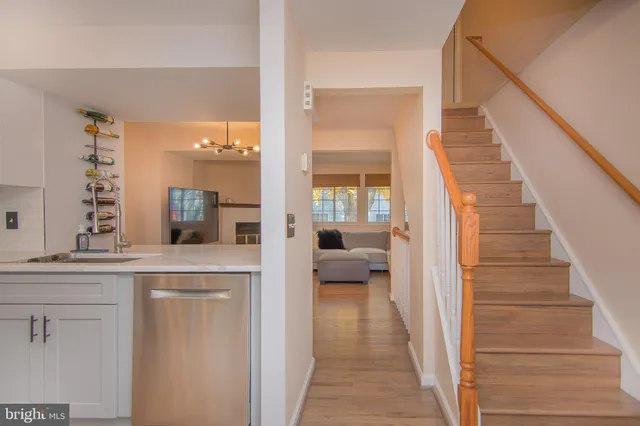a kitchen with white cabinets and a potted plant