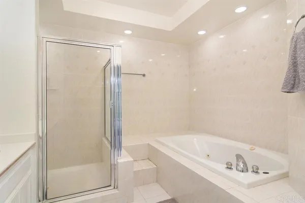 a bathroom with a bathtub and a shower