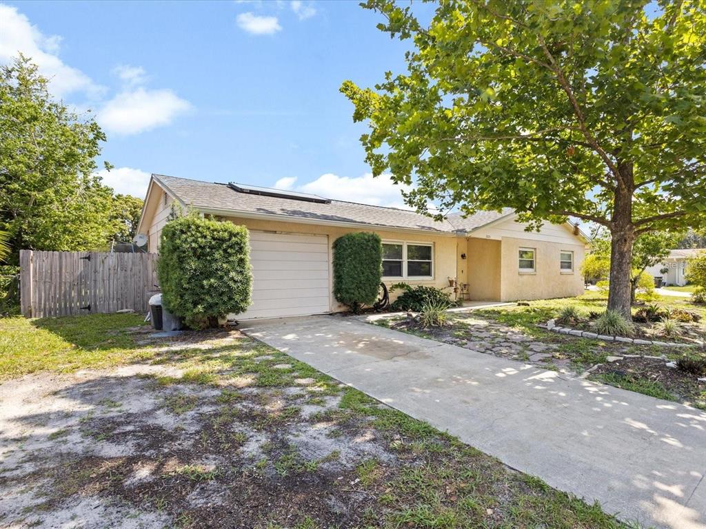 a view of a house with backyard and a tree