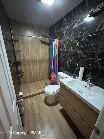 a bathroom with a sink mirror vanity and toilet