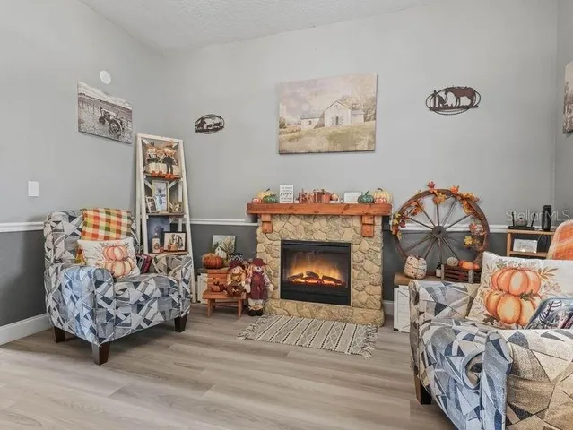 a living room with furniture and a fireplace