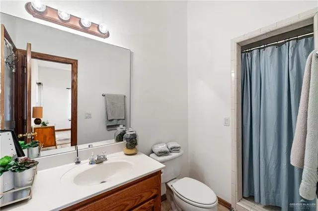 a bathroom with a sink a toilet a mirror and shower curtain