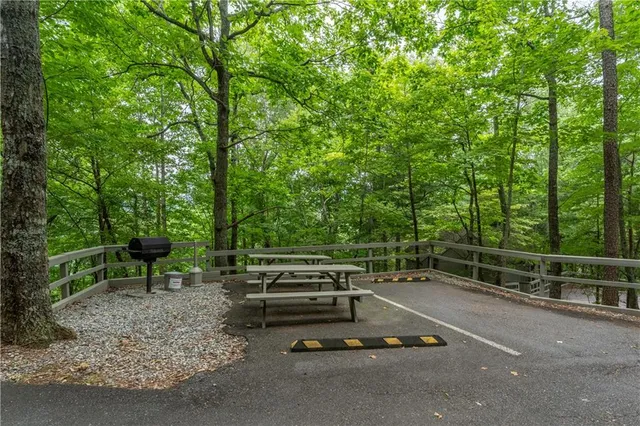 a view of a park with a bench and trees