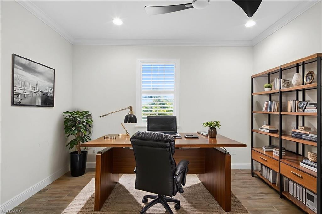 6934 Avalon Circle, Unit 405 Naples, FL 34112 - Photo 4 of 16 Office space featuring light wood-type flooring, ornamental molding, a ceiling fan, and recessed lighting