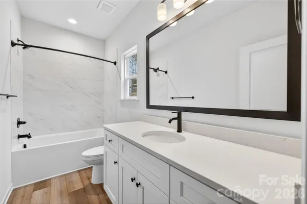 a bathroom with a sink toilet a vanity and bathtub