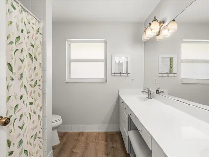 a bathroom with a sink a toilet and a mirror