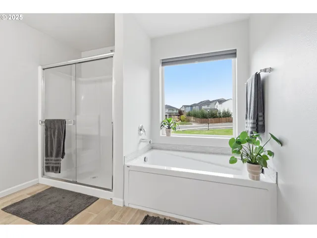 a bathroom with a bathtub and a shower