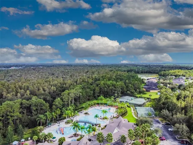 an aerial view of a swimming pool and mountain view in the back