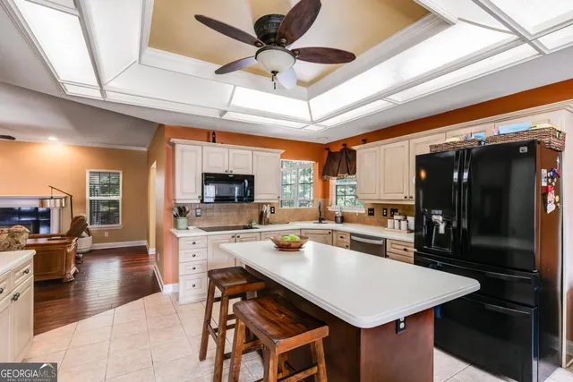a kitchen with a counter space a sink appliances and cabinets